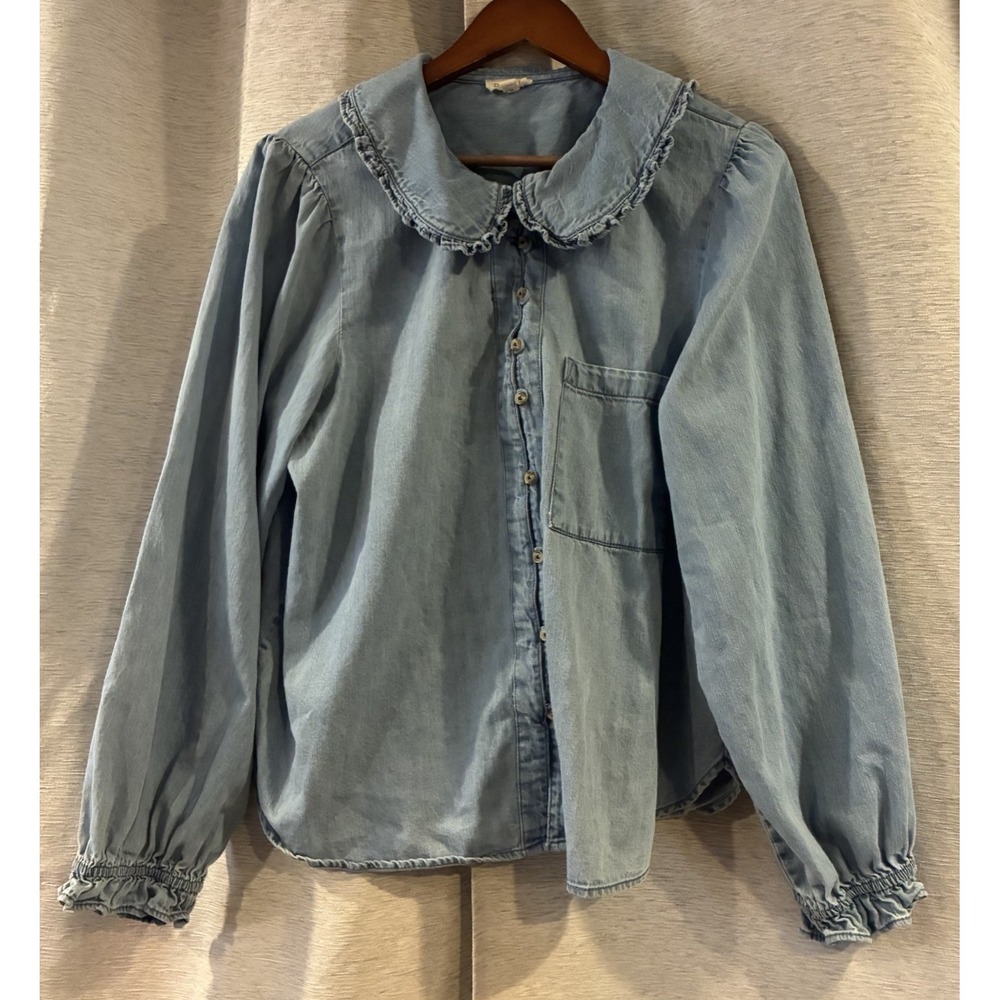 Pilcro Women's XL Blue Cotton Denim Ruffle Collar Long Sleeve Button-Up Shirt - Picture 2 of 5